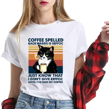 Naljakas kass t-särk naiste riietus Must Kass, Kohvi Kirjutatud Tahapoole On Eeffoc graafiline t-särk 100 puuvill naiste Särgid mood top