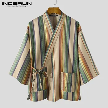 INCERUN Meeste Triibuline Pidžaama Komplekti V Kaelus 3/4 Varrukas Sleepwear Kimono Harajuku Vabaaja Püksid Vaba aja veetmise Meeste Nightwear Sobib S-5XL