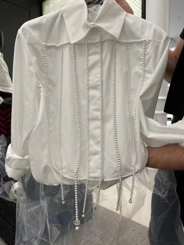 Daamid vabaaja Top naiste klassikaline valge pluusid kvaliteetsed topid unikaalne pärlid ja logo kaunistus blusas mujer de moda 2021