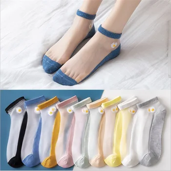 KASURE 5pairs Läbipaistvad Naiste Lühike Pahkluu Siidist Sokid Komplekt Daisy Lille Tüdrukute korea Jaapani Stiilis calcetines skarpetki