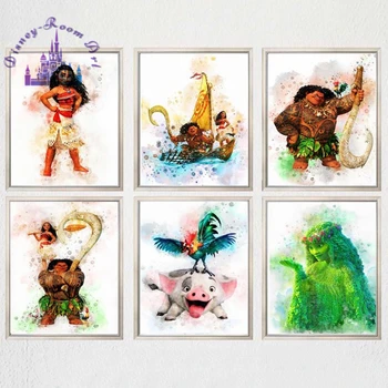 Disney Printsess Moana Cartoon Lõuendile Maali Kunst Moana Prindi Plakat Maui Pua Hei Hei TeFiti Moana Akvarell Lasteaed Wall Decor