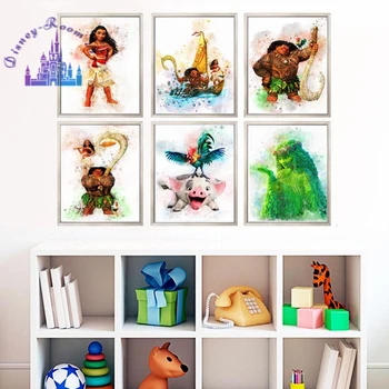 Disney Printsess Moana Cartoon Lõuendile Maali Kunst Moana Prindi Plakat Maui Pua Hei Hei TeFiti Moana Akvarell Lasteaed Wall Decor