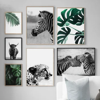 Leopard Zebra Monstera Palm Leaf Taim Seina Art Lõuend Maali Nordic Plakatid Ja Pildid Seina Pildid Elutuba Decor