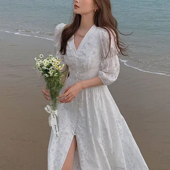 2021 Suvel Lühikesed Varrukad Ühes Tükis Kleit Naine Korea V-Kaeluse Nuppu Vintage Õie Kleit Naiste Vabaaja Beach Party Midi Kleidid