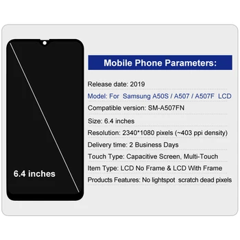 Super Amoled Samsung Galaxy A50S LCD Ekraan A507 A507F Digitizer Puutetundlik Assamblee Galaxy A50S Varuosad