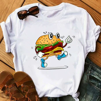 Naljakas hamburger trükitud tshirt naiste valged vabaaja lühikesed varrukad o-kaeluse manga burger t-särk Tees Naine Suvel Femme Riided