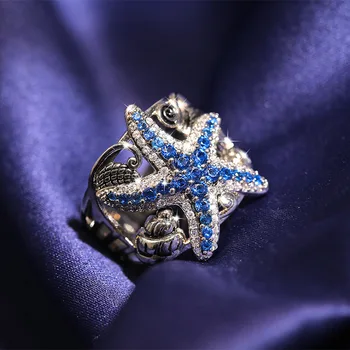 Isiksus Elegantne Sapphire Gemstone Meritäht Rõngad Naiste Tõeline 925 Sterling Hõbe Bankett Pool Ringi Ehted