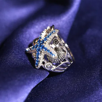 Isiksus Elegantne Sapphire Gemstone Meritäht Rõngad Naiste Tõeline 925 Sterling Hõbe Bankett Pool Ringi Ehted