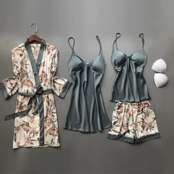 2020. Aasta Kevad Sügis Naiste Siidist Pidžaama Seab Rinna Padjad Flower Print Pijama Sleepwear 4 Tükki Spagetid Rihm Satiin Pidžaamad