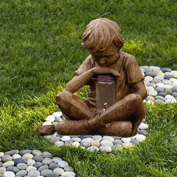 Meditatiivne Poiss Aed Statue Hele Puidust-meeldis Vaik Käsitöö Lamp Kaunistama Kodu Väljas Poiss, Kellel Pudel Kerge FB