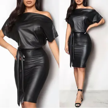 Must Asümmeetriline Seksikas Faux Nahast Naiste Kleit Suvel Pikad Varrukad Põlve Pikkuses Kleidid Pliiats