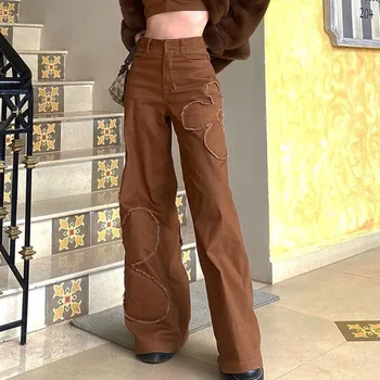 YICIYA Vintage Pruunid Vabaaja Sirged Teksad Naiste Mood Tasku Pikk Denim Pikk Pant Capris Kõhn Pükste Lady Streetwear 2021