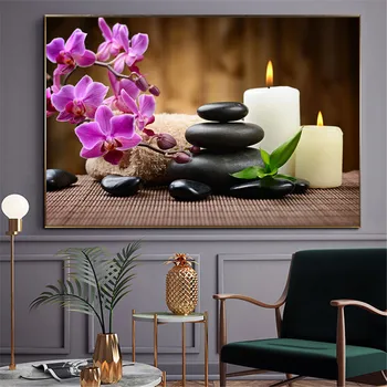 Kaasaegne Seina Art Spa Kivid Zen Lõuendile Maali Küünlad Orhidee Õie Plakat Seina Pilte Vannituba Decor Kodus Decor Cuadros