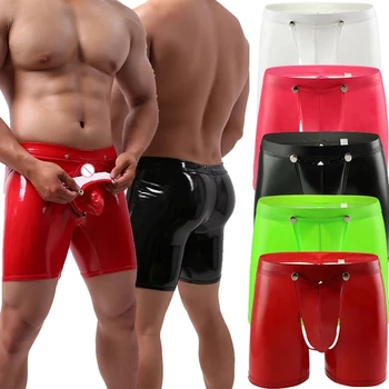 Mens Seksikas Nahk Pesu Avatud Jalgevahe Lühikesed Püksid Lateks Kujundamisel Mantel Casual Boxer Meeste Nahast Säärised Venitada Mõhk Kott