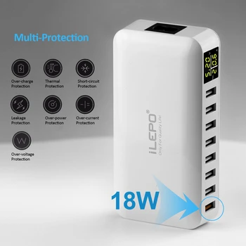ILEPO 60W 8-Port-USB-kiirlaadija QC3.0 Smart HUB Quick-Charge LED-Ekraan, Multi-USB Charging Station Mobiiltelefoni Desktop Koju