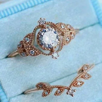 Klassikaline Naiste Roosa Kuld Pruudi Sõrmus Komplekt Ring Tükeldatud Valge Tsirkoon Kaasamine abielusõrmus Ehted jõulukingiks