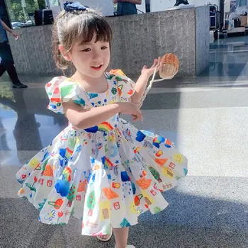 Baby Väikelapse Tüdrukud Dress Värvikas Puhvis Varrukad Printsess Kleidid Seelik 2021 Suvel Uue Brändi Lastele, Beebi Riided Sobivad