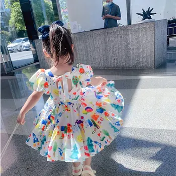 Baby Väikelapse Tüdrukud Dress Värvikas Puhvis Varrukad Printsess Kleidid Seelik 2021 Suvel Uue Brändi Lastele, Beebi Riided Sobivad
