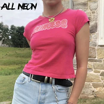 ALLNeon 2000ndate Streetwear Kuum Roosa Lühikese Varrukaga T-särgid Y2K Esteetika Armas Kiri Prindi O-kaeluse Põhiliste Põllukultuuride Tops Vintage Baby Tee