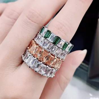 OEVAS 925 Sterling Hõbe sõrmustes Naiste Emerald Väljakul Ringi Puurida Muster Lõikamine Ringi Värvikas Tsirkoon Pool Ehted