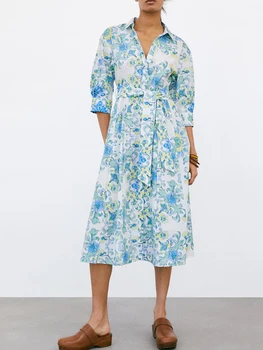 HWLZLTZHT Kleit Naine 2021 Vintage Blue Õie Midi Suvine Kleit Naiste Mood Vöö Pikad Varrukad Elegantsed Daamid Vabaaja Kleit