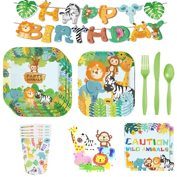 Metsamaa Loomade Ühekordsed Nõud Ahv, Lõvi, Elevant, Sebra Plaat Cup Salvrätiku Jungle Safari, Happy Birthday Party Poiss Poiss 1.