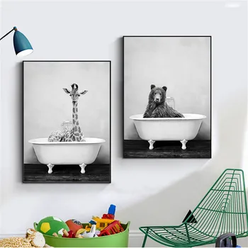 Must ja Valge Loomade Seina Art Vannituba Vanniga Plakat Elevant, Lõvi Panda Kaelkirjak Lõuend Print Lasteaed Pilti Lapsed Tuba