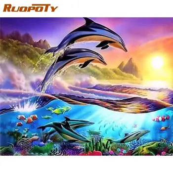 RUOPOTY Diamond Maali Täis Square Dolphin 5D Diamond Tikandid Mosaiik Müük Loomade Kodu Kaunistamiseks
