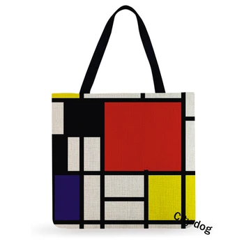 Piet Mondrian Geomeetriline Kunst TRÜKITUD Kõrge kvaliteediga tiheneb veekindel linane Naiste õlakott, võib kasutada kandekotid