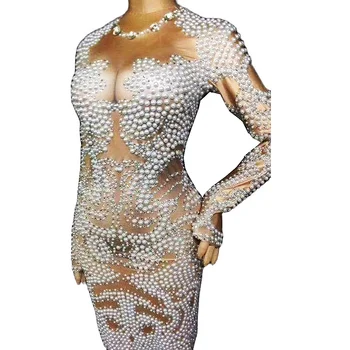 Uus Valge Pärl Rhinestone Naiste Kleit Pikk Varrukas Õhtul Ööklubi Lava Show Tulemuslikkuse Kandma Prom Sünnipäeva Baar Kostüümid