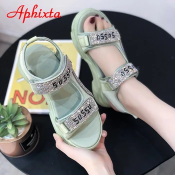 Aphixta 4,5 cm Kristallid Platvorm Sandaalid Naiste Vabaaja Tüdruk Konks & Loop Kingad Kudumise Kerge Kets Suvel Zapatos Mujer