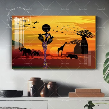 Embelish Päikeseloojangut Maastik Puud Aafrika Naine Kaasaegse Kodu Decor Pilte elutuba Teoseid HD Lõuendile Maali Plakatid