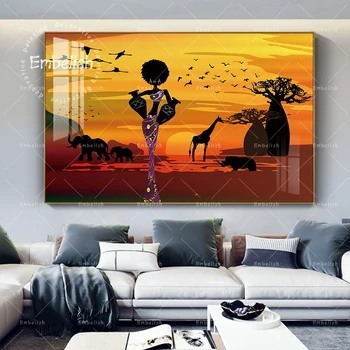 Embelish Päikeseloojangut Maastik Puud Aafrika Naine Kaasaegse Kodu Decor Pilte elutuba Teoseid HD Lõuendile Maali Plakatid