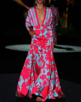 Daamid Rõivad Suvel Stiilis Seksikas kleit Temperament Geomeetriline Muster digitaaltrükk V-kaeluse Pikkade varrukatega Naiste Seelik WE144