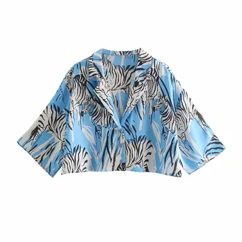 TRAF Za Blue Print Särgid Naine 2021 Lühikesed Varrukad Suve Pluusid Naiste Vabaaja Crop Top, Kaelus-Nuppu, Kuni Havai Särk