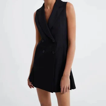 Za Uus Vest Naiste Mantel Kevad-Sügis Must Varrukateta Rinnamikrofon (Solid Color Slim Vest Jope Plisseeritud SkirtOuterwear