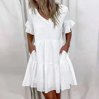 2021 suvel uus mood kleit V-kaeluse ruffled lühikeste varrukatega õmblemine seeliku lahti daamid õie printida kleit