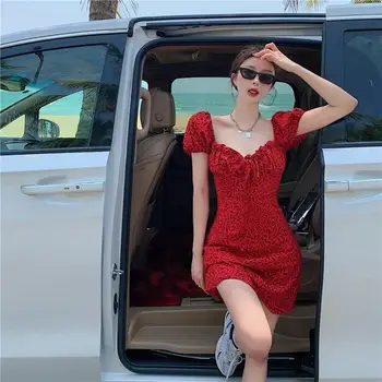 Mini Kleit Naiste Punane Leopard Temperament Puhvis Varrukad Square Krae Prantsuse Vaba Aja Veetmise Femme Vestido Streetwear Puhkus Seksikas Sundress