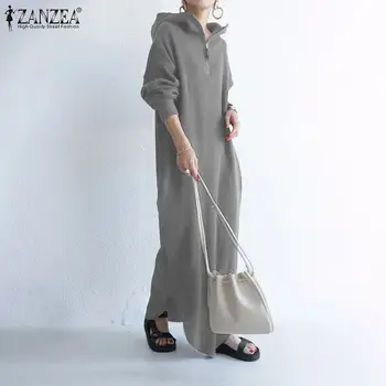 Mood Tõmblukk Hupparit Kleit Naiste Sügis Dressipluus Pulloverid ZANZEA 2021 Vabaaja Pikad Varrukad Maxi Vestidos Naine Split Rüü