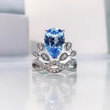Liblikas Uus 925 Sterling Silver Crown Ringi Luksus Pear Lõigatud Simulatsiooni Moissanite Aqumarine Teemant Abielusõrmus Trahvi Ehteid
