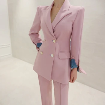 Uus mood sügis naiste kõrge kvaliteedi temperament kaherealine ülikond ja mood pliiats pant töö stiil slim roosa pant ülikond