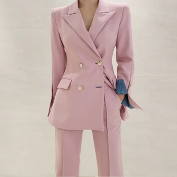 Uus mood sügis naiste kõrge kvaliteedi temperament kaherealine ülikond ja mood pliiats pant töö stiil slim roosa pant ülikond