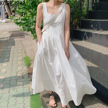 Korejpaa Naiste Kleit 2021 Suvel Korea Temperament Magusad Tüdrukud Square Krae Avatud Clavicle Plisseeritud Suur Kiik Rihm Vestidos