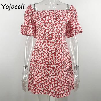 Yojoceli uusi suvel õie printida kleit square kaela puhvis varrukad mini kleit naiste prindi beach kleit