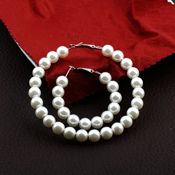 Naiste Elegantne Valged Pärlid Ring Hoop Kõrvarõngad Tüdruk Sünnipäeva Suur Pärl Ring Ring Kõrvarõngad Pulm Mood Ehteid