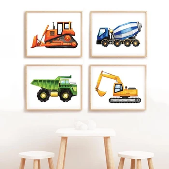 Ehitus Sõidukid Akvarell seina Art Lõuend Maali Lapsed Toas seina Decor Dump Truck Kaevaja Buldooser Plakatid ja Poisid Kingitus