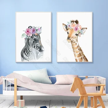 Armsad Loomad Lõuendile Maali Seinale Plakat Zebra Elevant, Kaelkirjak ja Koera Seljas Lill Vanik Kodu Toad Seina Kaunistamiseks