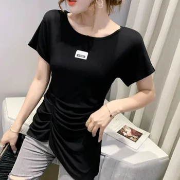 #6045 Must Valge Streetwear T-Särk Naiste Puuvillane Vabaaja Slim Ebaregulaarne T-Särk Naiste O Kaela Korea Stiilis Suvine Naiste Topid