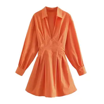 Za girl Dress Kevadel Uus Mood Lihtne V-kaeluse Slim Vöö Orange Naiste Kleit 2021 Casual Šikk Street Noorte Mood Kleit Naistele