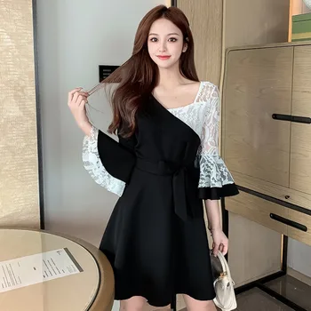 Korea Kevadel Elegantne Mini Pool Kleit 2021 Mood Naiste Vabaaja Vöö Pits Põletatud Varrukad Pleisse Vintage Kleit Naine